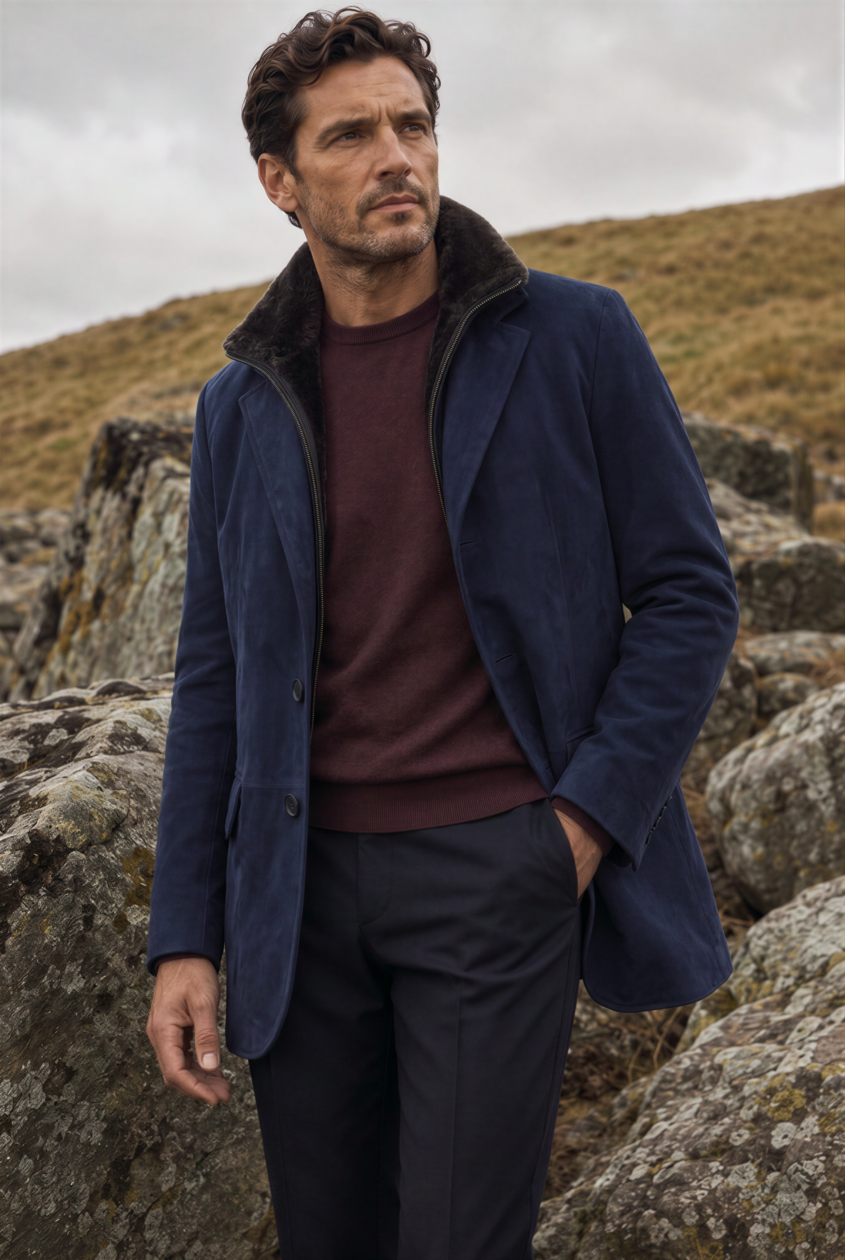 Giovanni Men’s Winter Jacket with Shearling Collar - Navy Blue