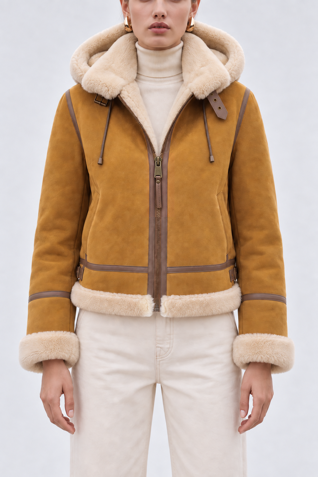 Chloe Women's Shearling Sheepskin Jacket with Detachable Hood - Mustard
