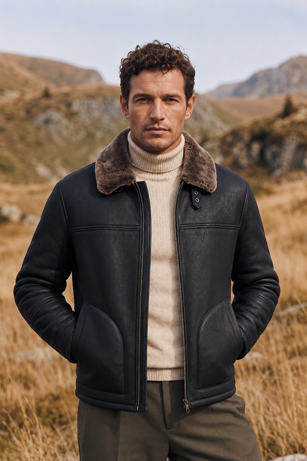 Diego Men's Shearling Sheepskin Jacket - Black Montana