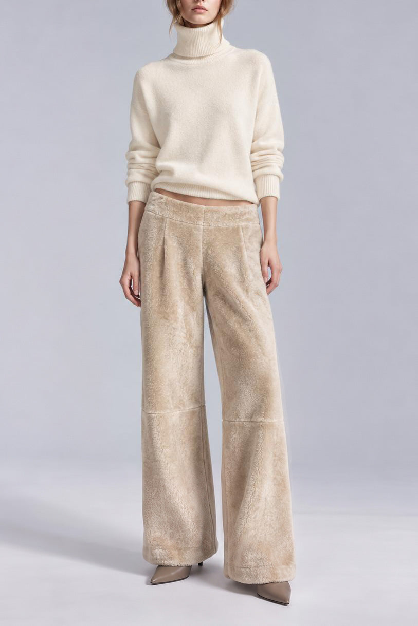 Viera Mid-Rise Shearling Trousers - Taupe Beige
