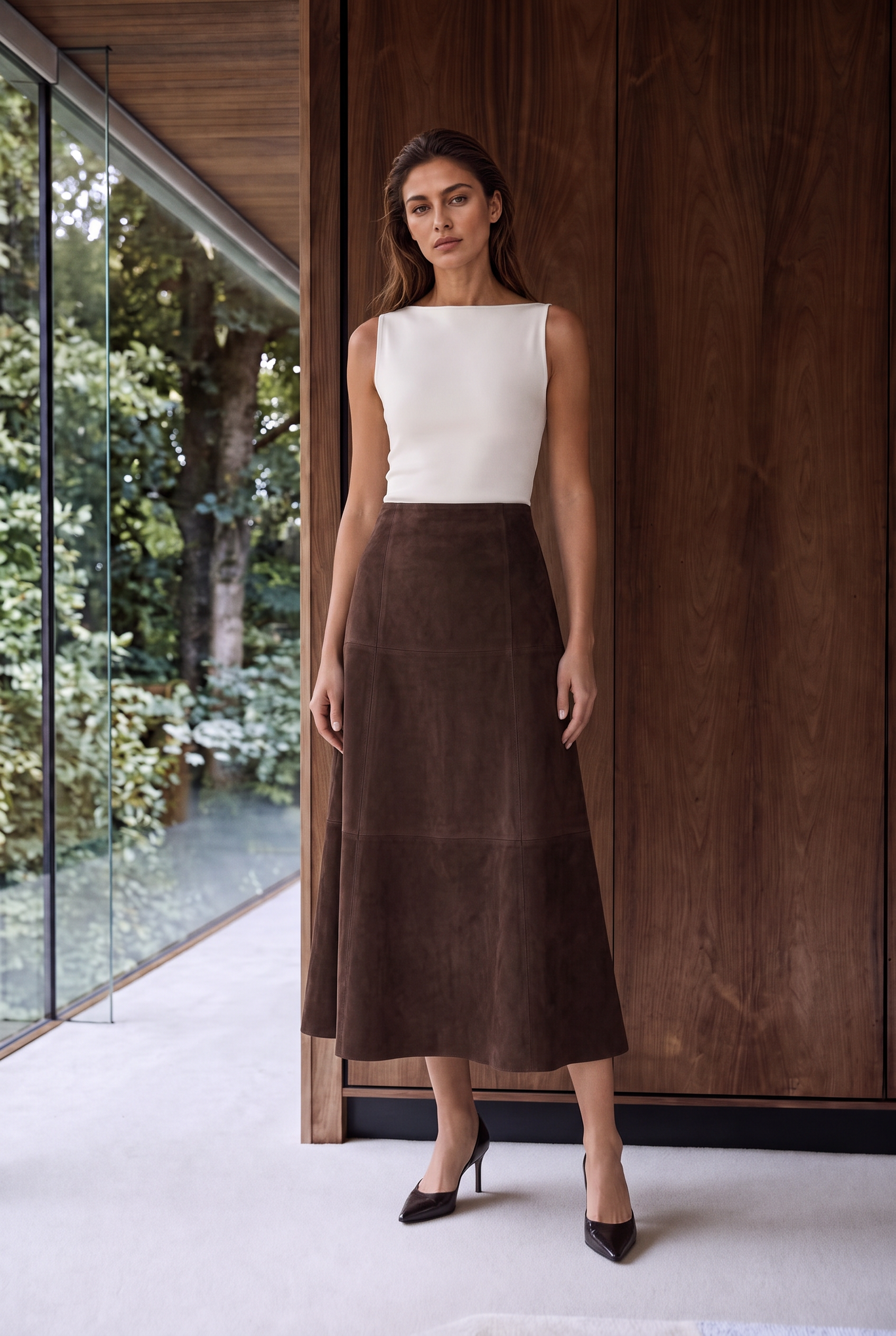 Talia Women’s Suede Leather Midi Skirt - Coffee