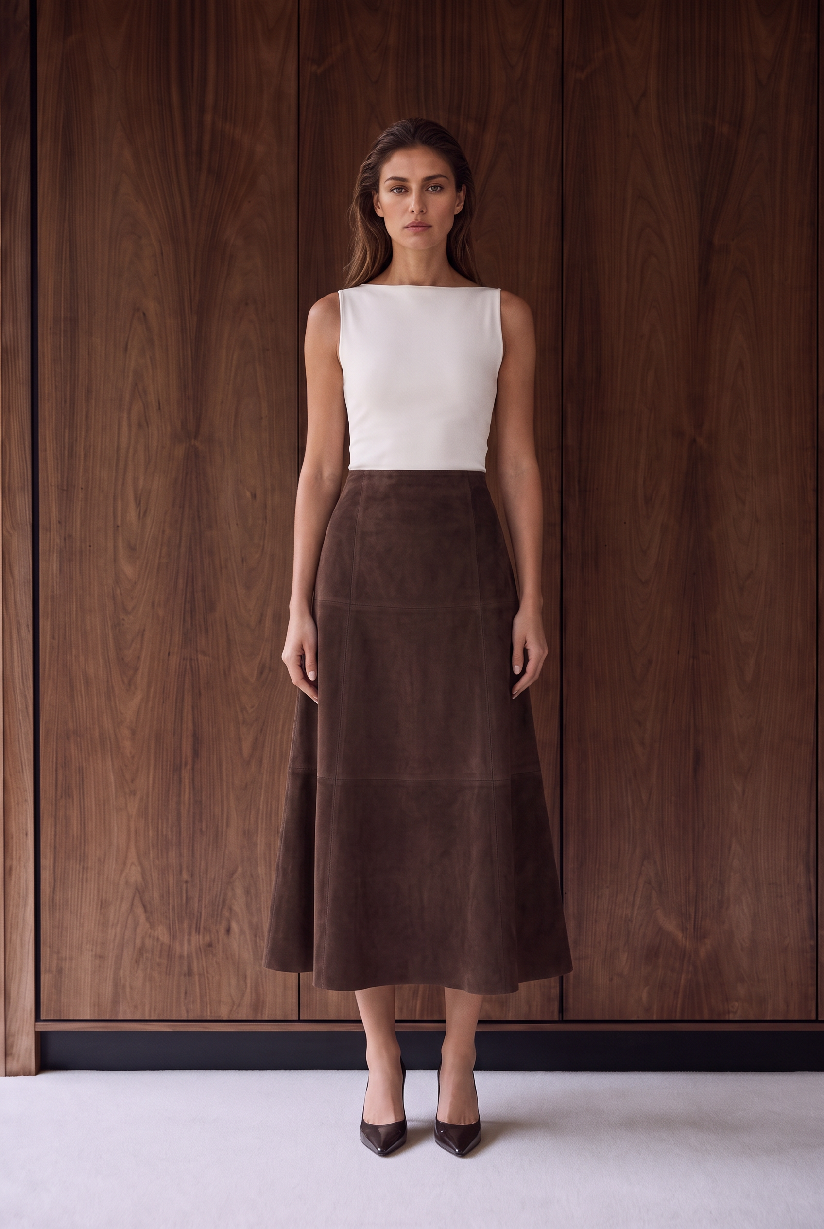 Talia Women’s Suede Leather Midi Skirt - Coffee