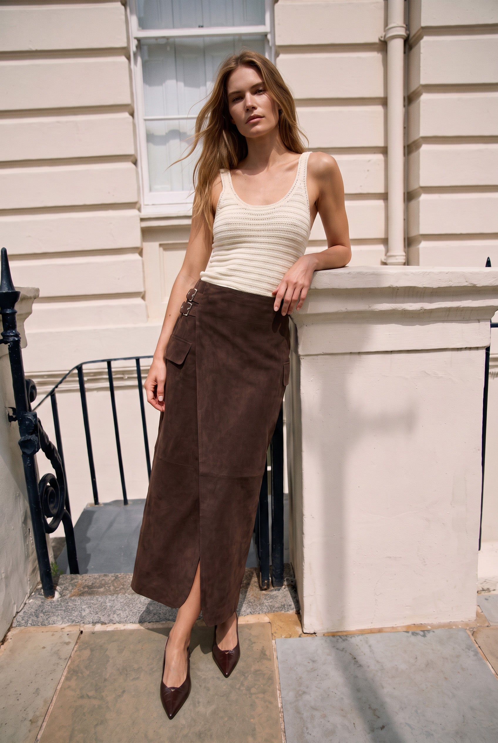 Mira Women’s Suede Long Skirt - Milk Brown
