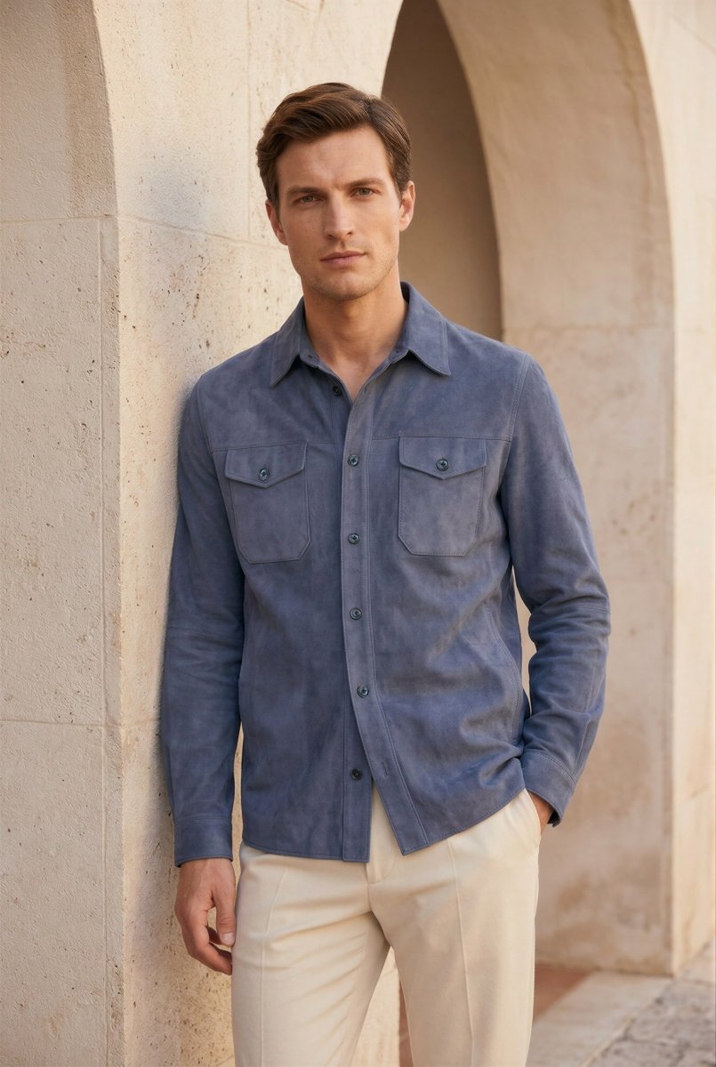 Adrien Men’s Suede Leather Overshirt - Midnight Blue - Bigardini