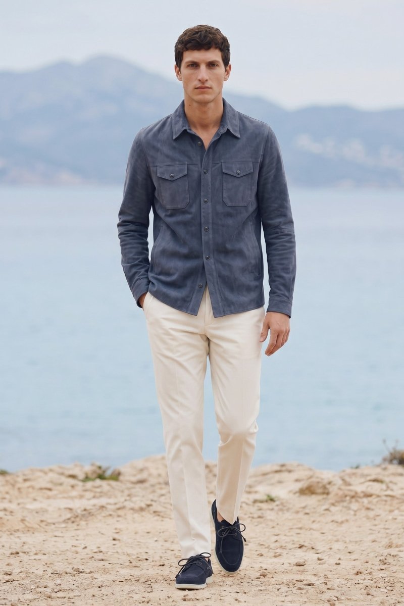 Adrien Men’s Suede Leather Overshirt - Midnight Blue - Bigardini