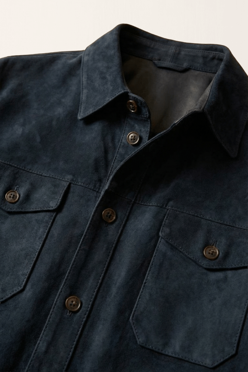 Adrien Men's Suede Leather Overshirt - Navy Blue - Bigardini