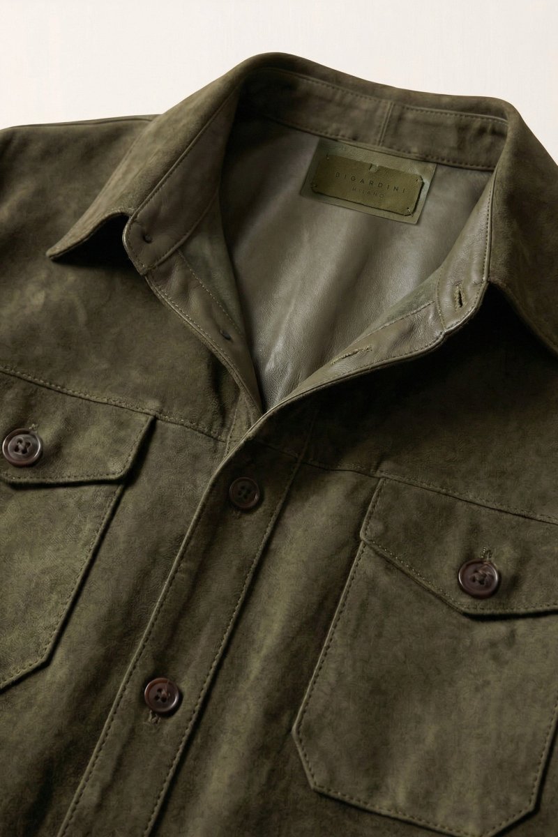 Adrien Men’s Suede Leather Overshirt - Olive Night - Bigardini