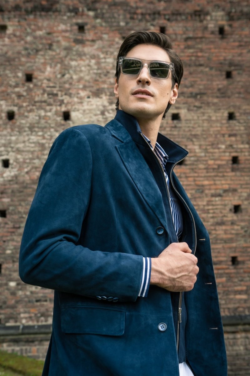 blue suede dress jacket Navy Blue Suede Leather Trucker Jacket Men Pure Suede Custom Made Coat Jacket