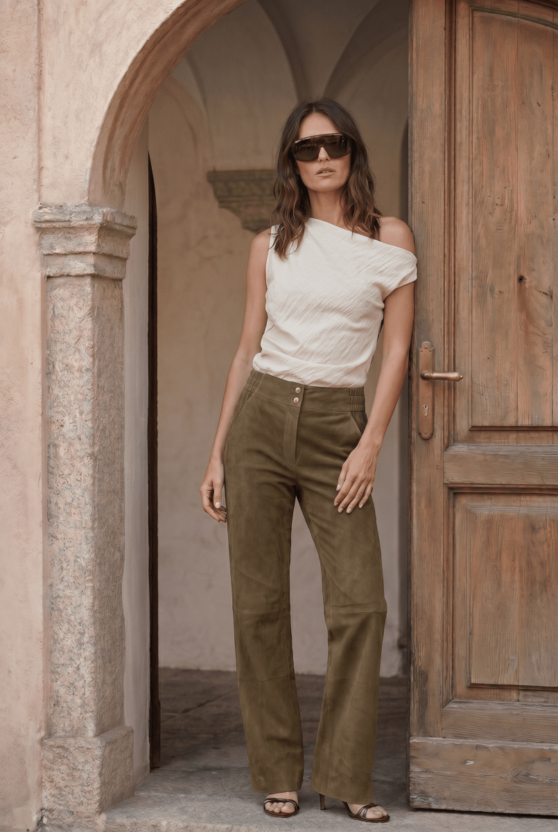 Ava Women's Wide-Leg Suede Leather Trousers - Khaki - Bigardini