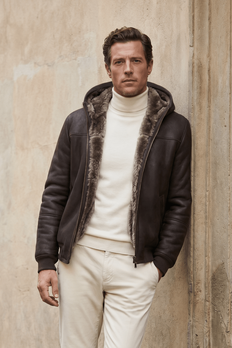 Carlo Men's Toscana Shearling Jacket with Hood - Cognac - Bigardini
