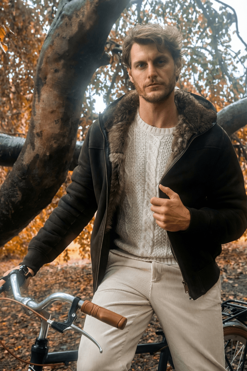 Carlo Men's Toscana Shearling Jacket with Hood - Cognac - Bigardini