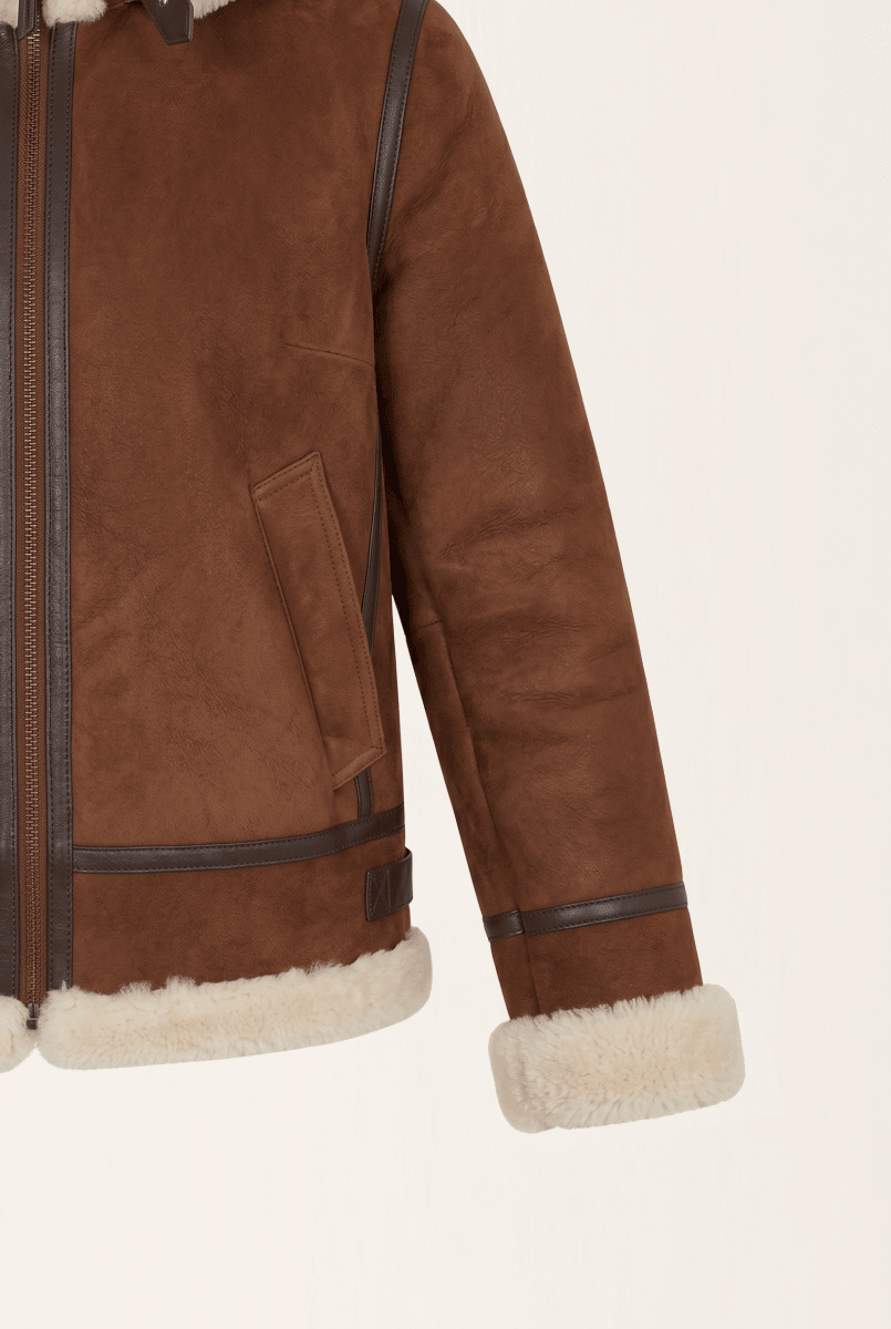 Chloe Women's Shearling Sheepskin Jacket with Detachable Hood - Whiskey - Bigardini