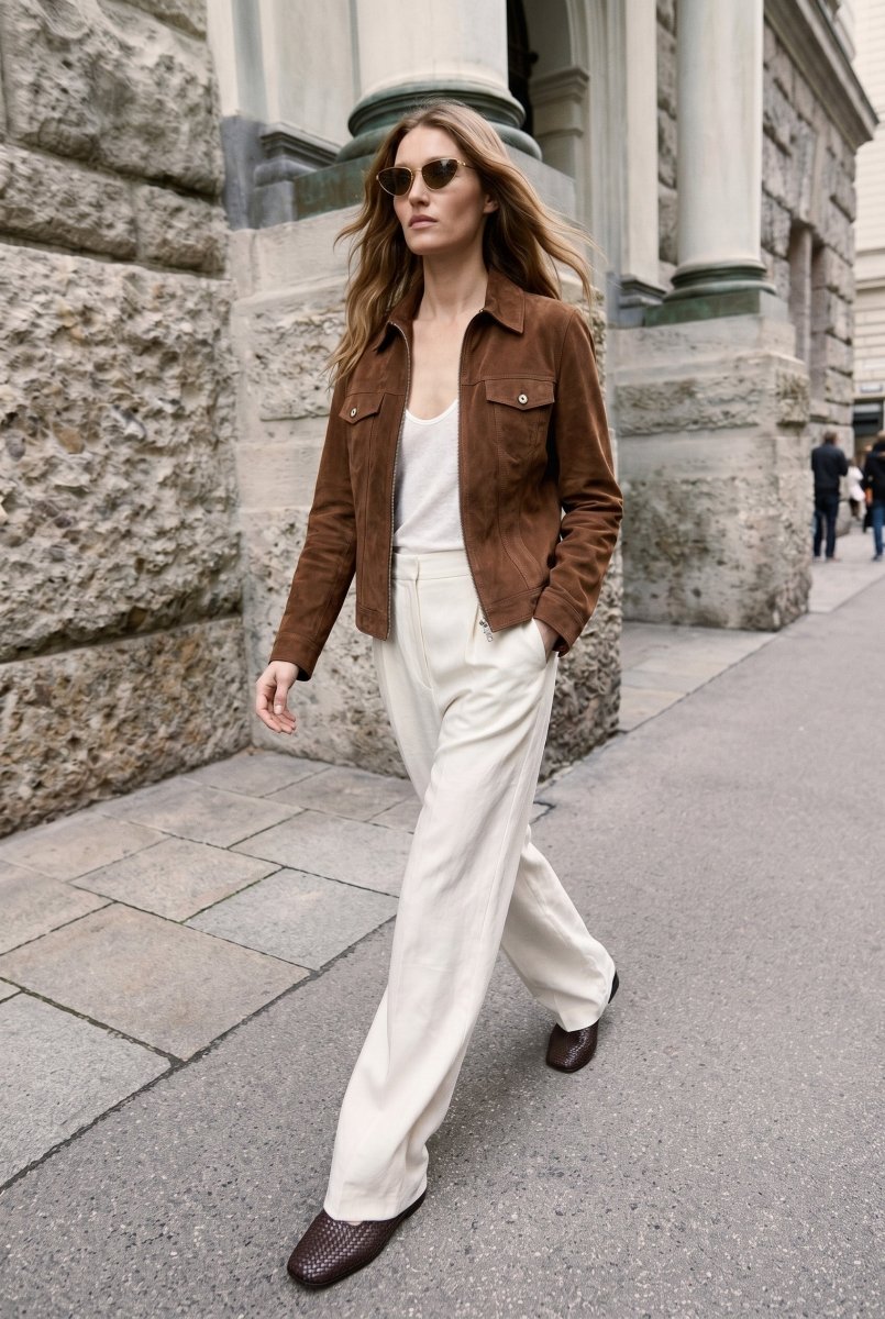 Lana Women’s Suede Jacket - Milk Brown - Bigardini