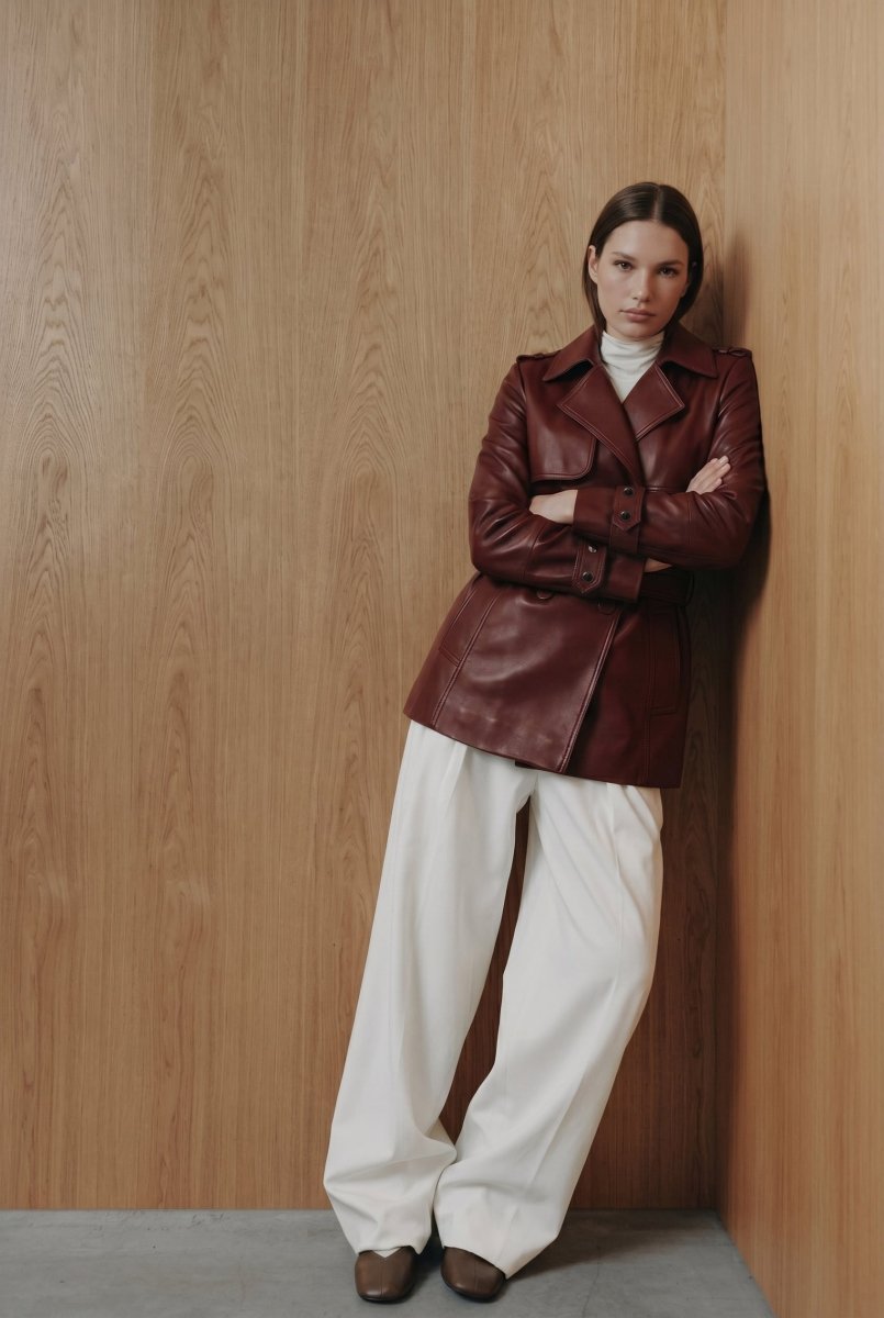 Liora Women’s Leather Trench Coat - Burgundy - Bigardini