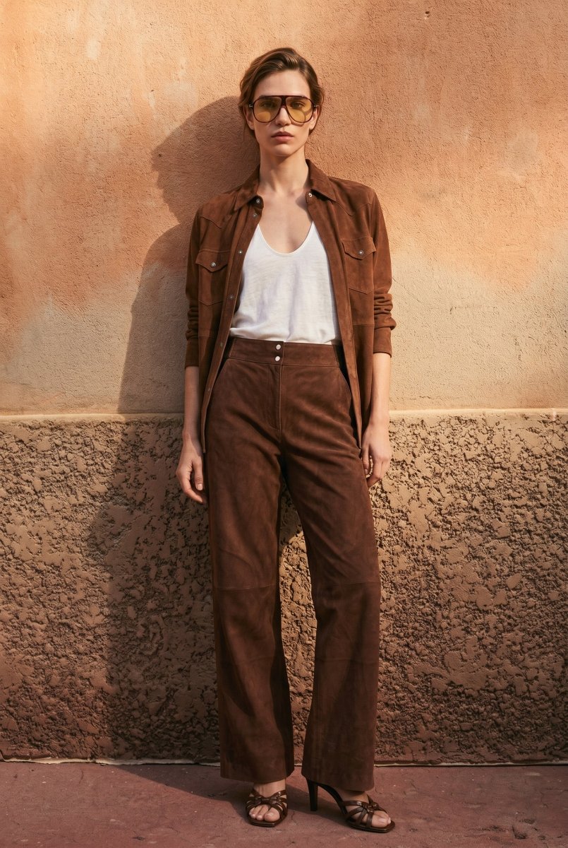 Mari Women's Suede Leather Shirt - Milk Brown - Bigardini