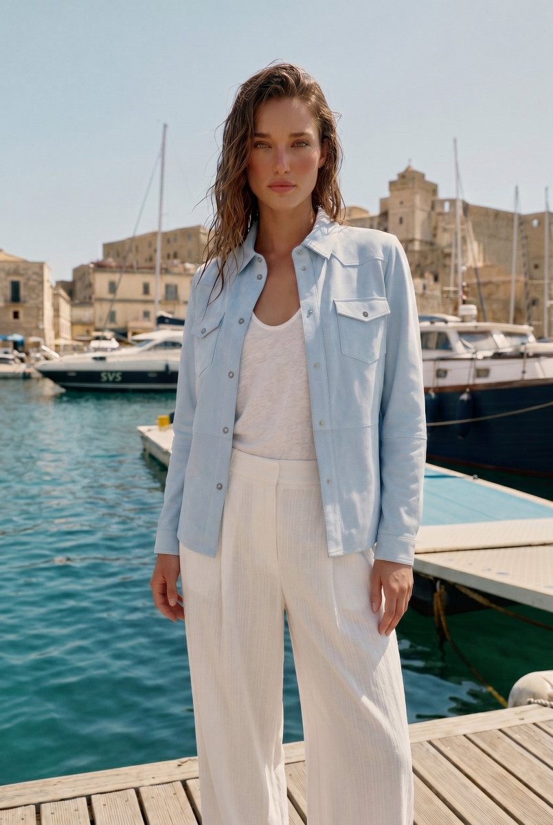 Mari Women's Suede Leather Shirt - Sky Blue - Bigardini