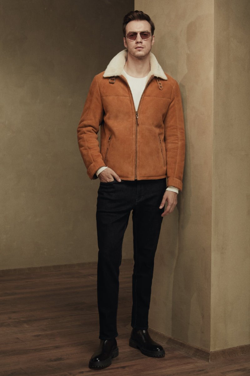 Ryan Men's Shearling Sheepskin Bomber Jacket - Mustard - Bigardini