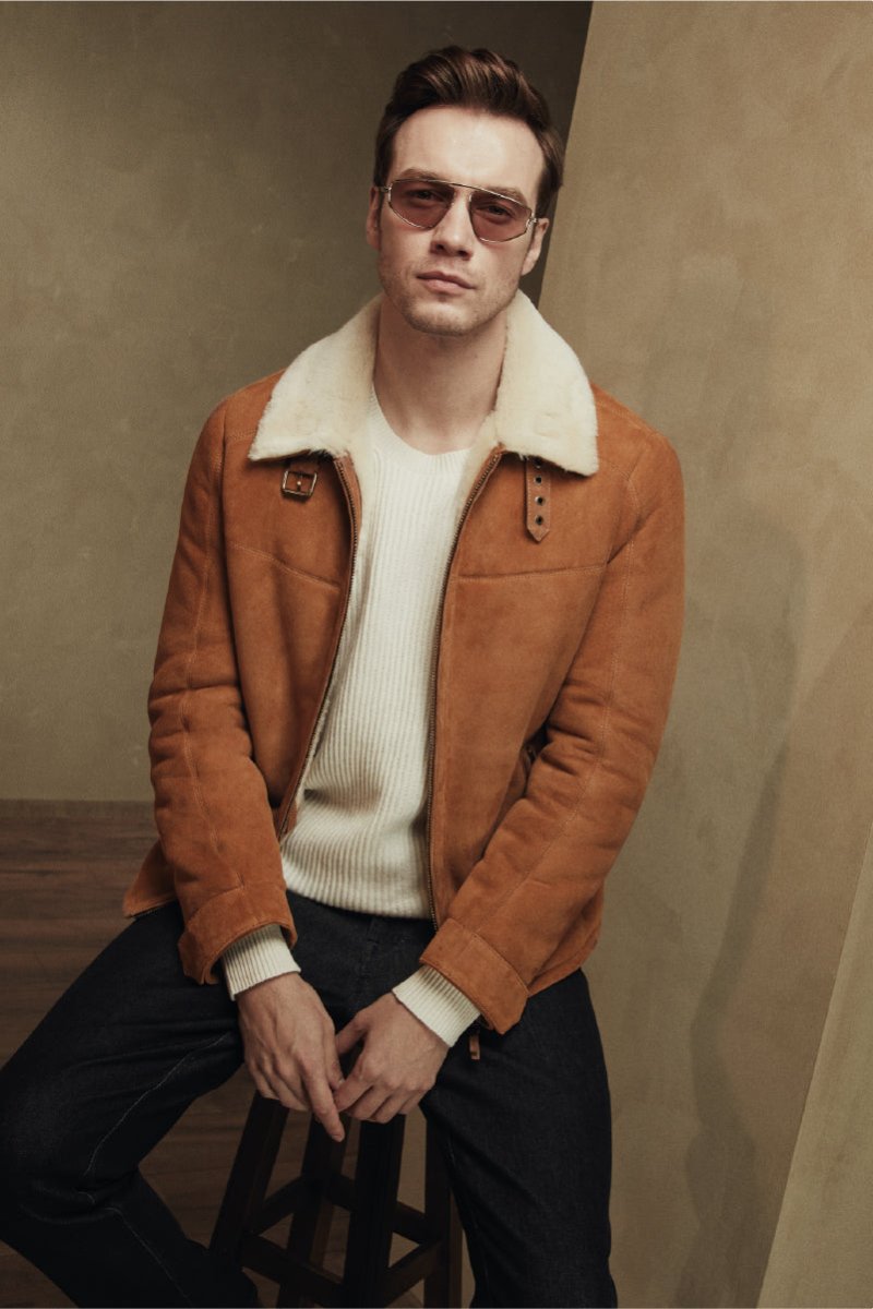 Ryan Men's Shearling Sheepskin Bomber Jacket - Mustard - Bigardini