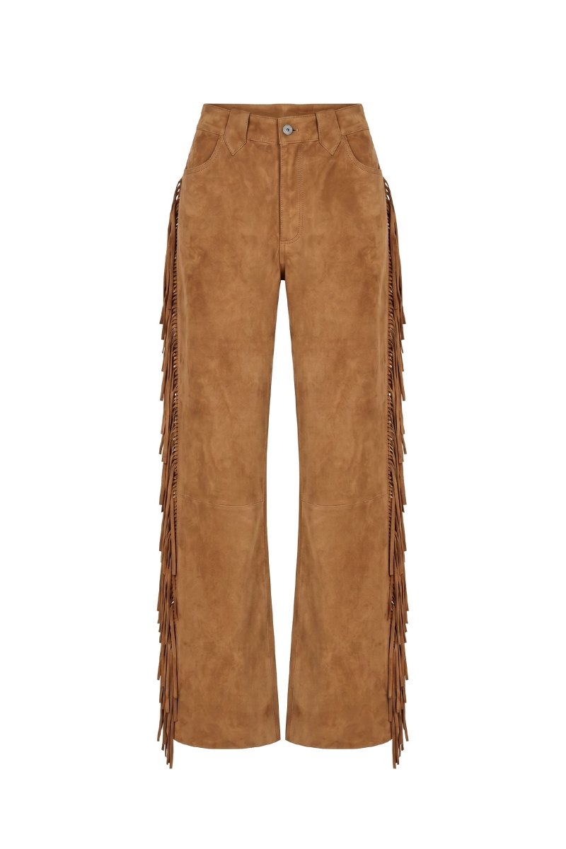 Sierra Women’s Fringed Suede Trousers - Camel - Bigardini