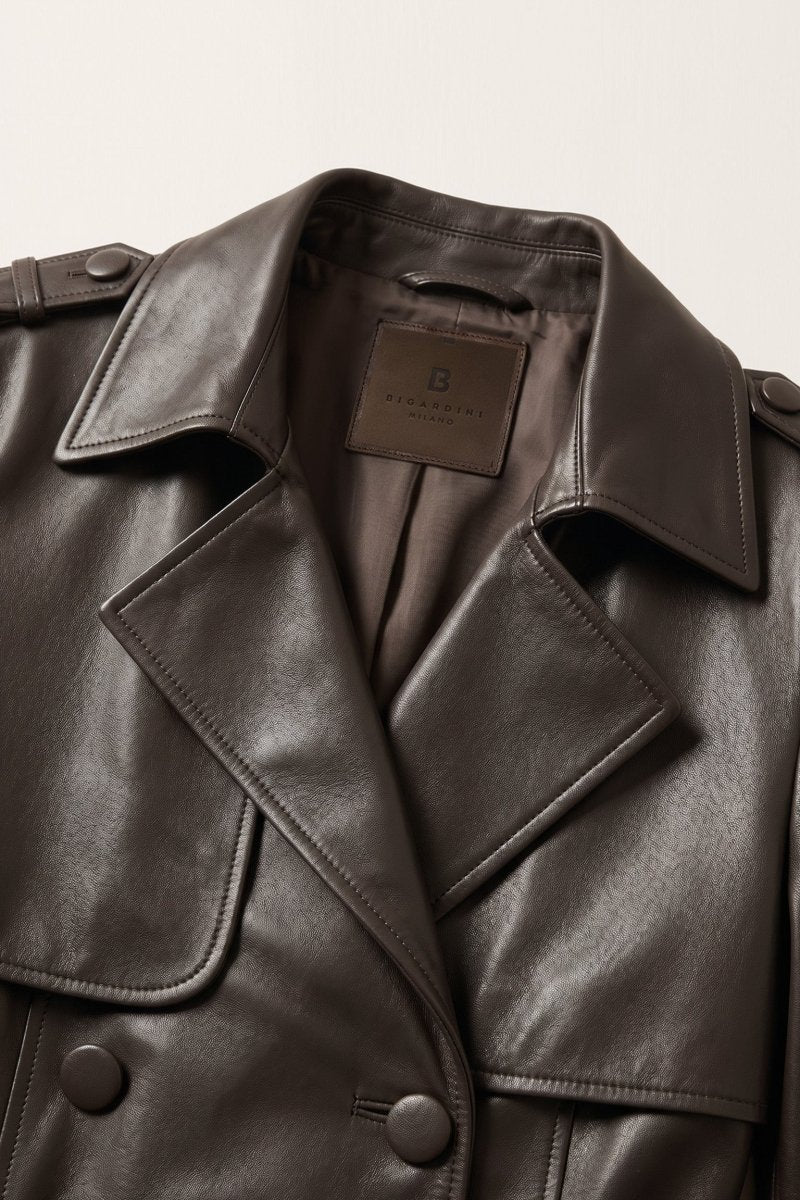 Victoria Women's Lambskin Leather Trench Coat - Dark Chocolate - Bigardini