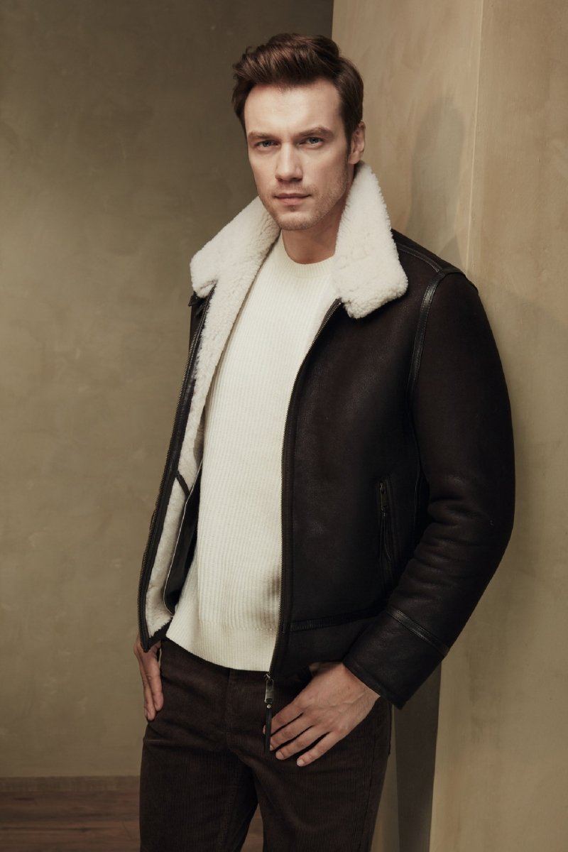 William Men's Shearling Bomber Jacket - Chocolate - Bigardini