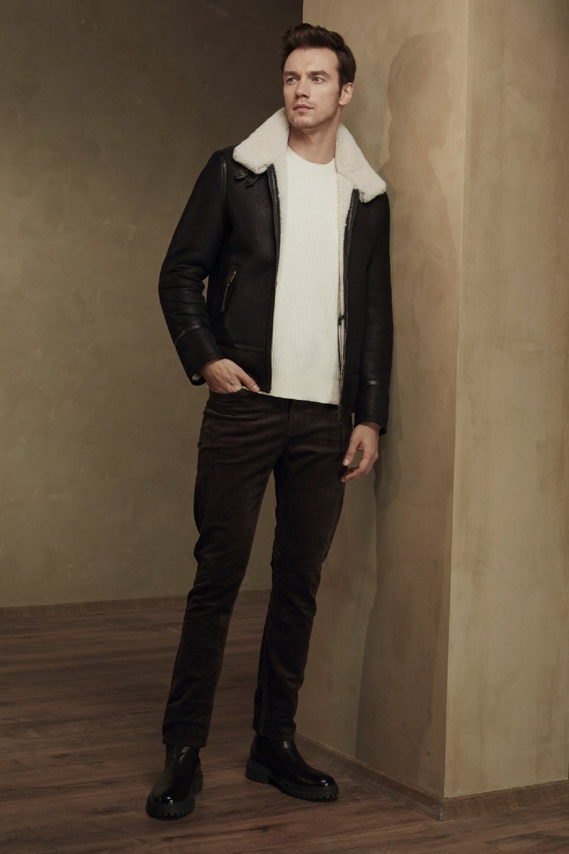 William Men's Shearling Bomber Jacket - Chocolate - Bigardini