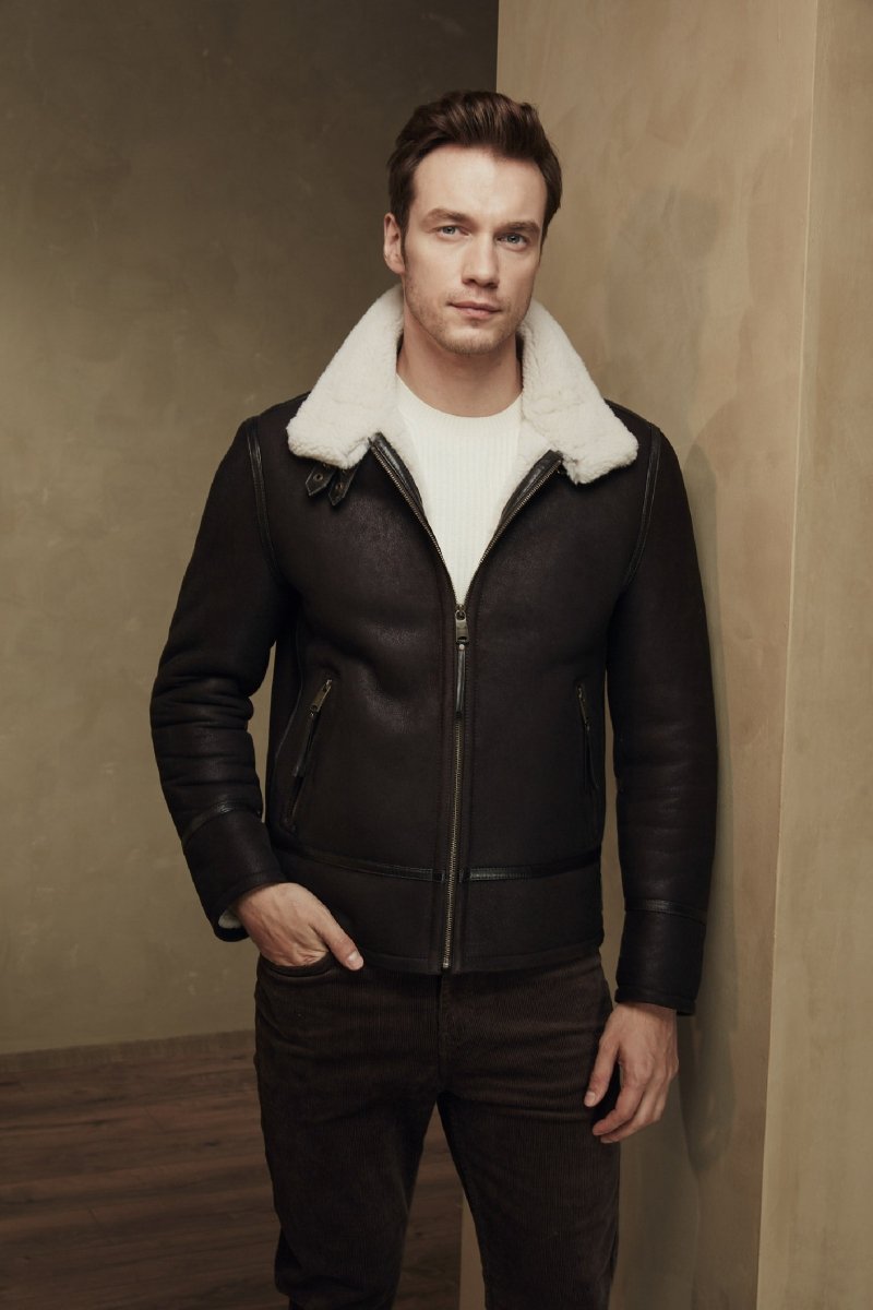 William Men's Shearling Bomber Jacket - Chocolate - Bigardini
