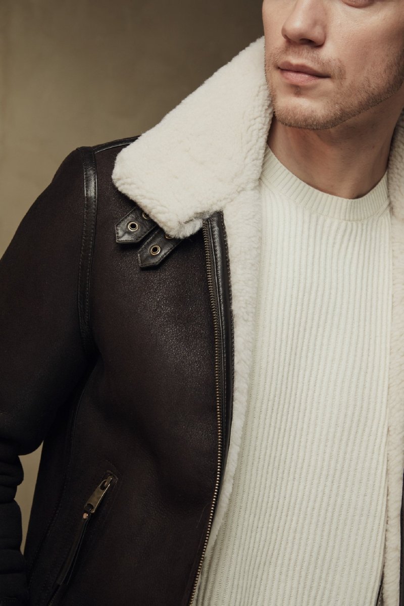William Men's Shearling Bomber Jacket - Chocolate - Bigardini