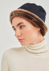 Sandy Womens Shearling Bucket Winter Hat - Navy Blue - Bigardini Leather