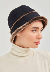 Sandy Womens Shearling Bucket Winter Hat - Navy Blue - Bigardini Leather