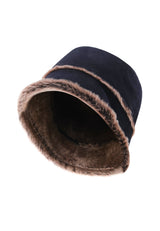 Sandy Womens Shearling Bucket Winter Hat - Navy Blue - Bigardini Leather