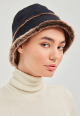 Sandy Womens Shearling Bucket Winter Hat - Navy Blue - Bigardini Leather