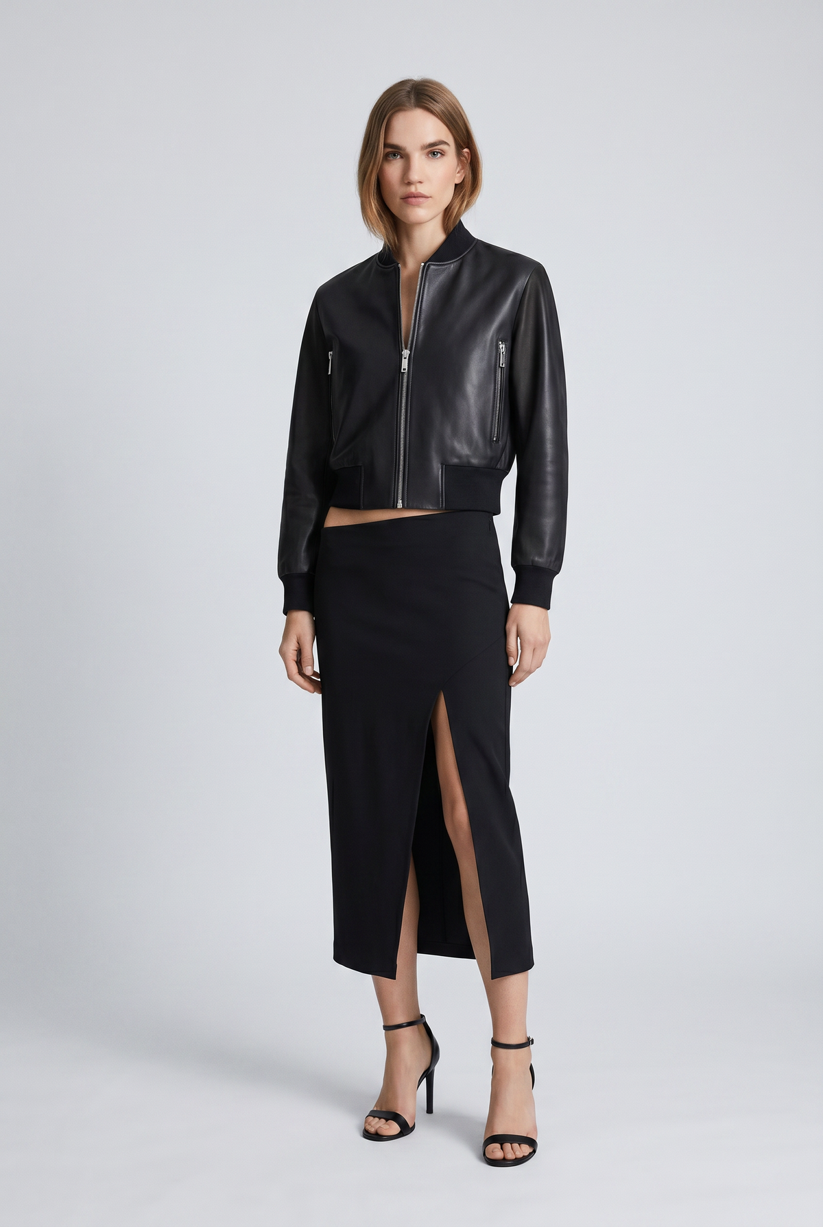 Riki Cropped Bomber Leather Jacket - Black