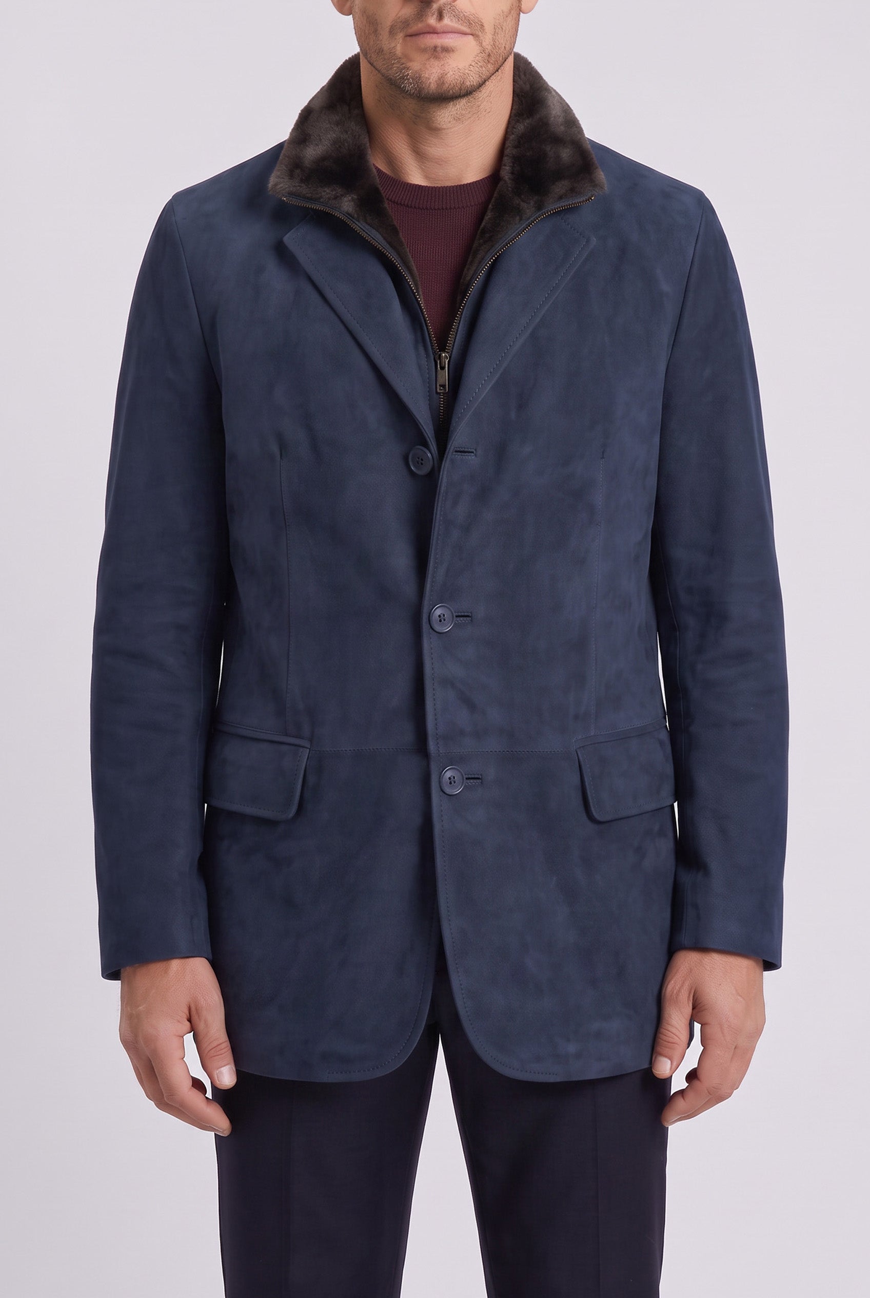 Giovanni Men’s Winter Jacket with Shearling Collar - Navy Blue