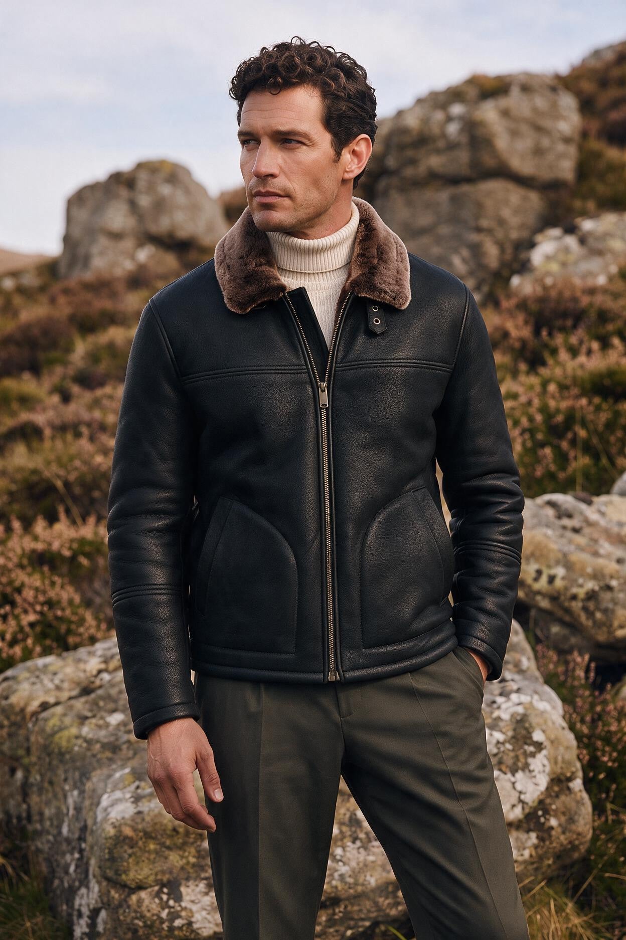 Diego Men's Shearling Sheepskin Jacket - Black Montana