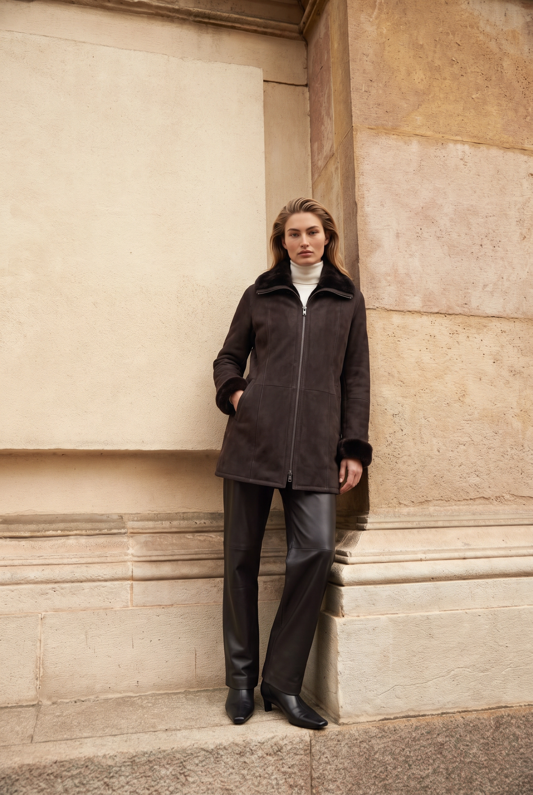 <tc>Zalina Veste Réversible en Peau Lainée - Chocolat</tc>