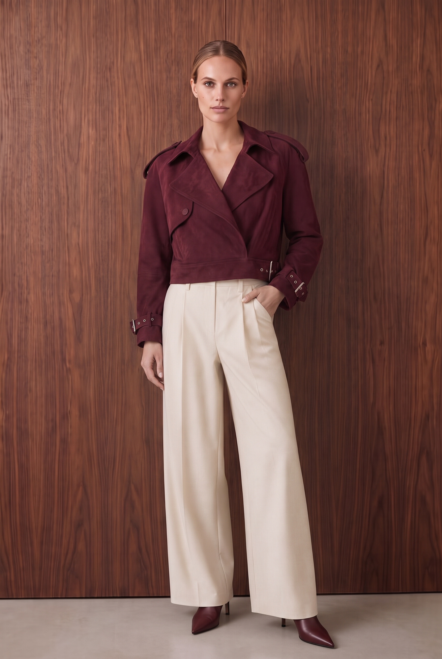 Maia Women's Cropped Oversize Suede Jacket - Burgundy