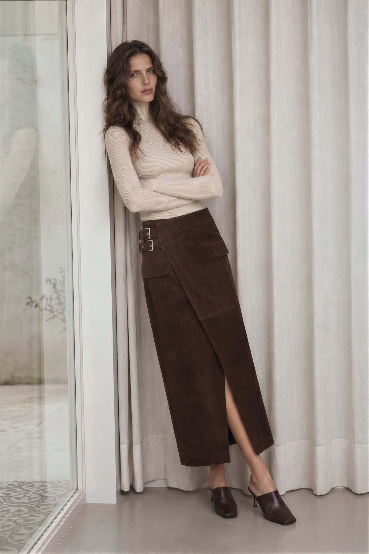 Mira Women’s Suede Long Skirt - Milk Brown