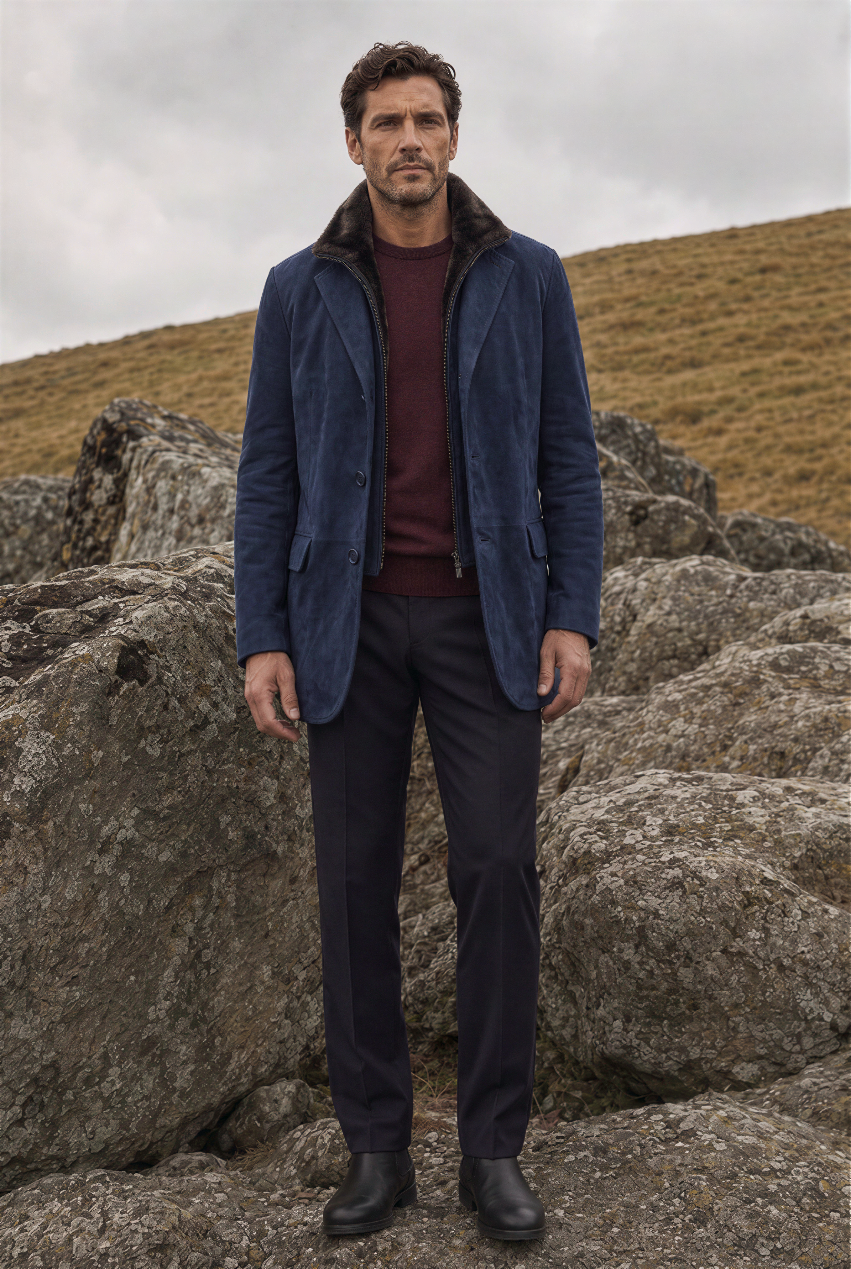 Giovanni Men’s Winter Jacket with Shearling Collar - Navy Blue