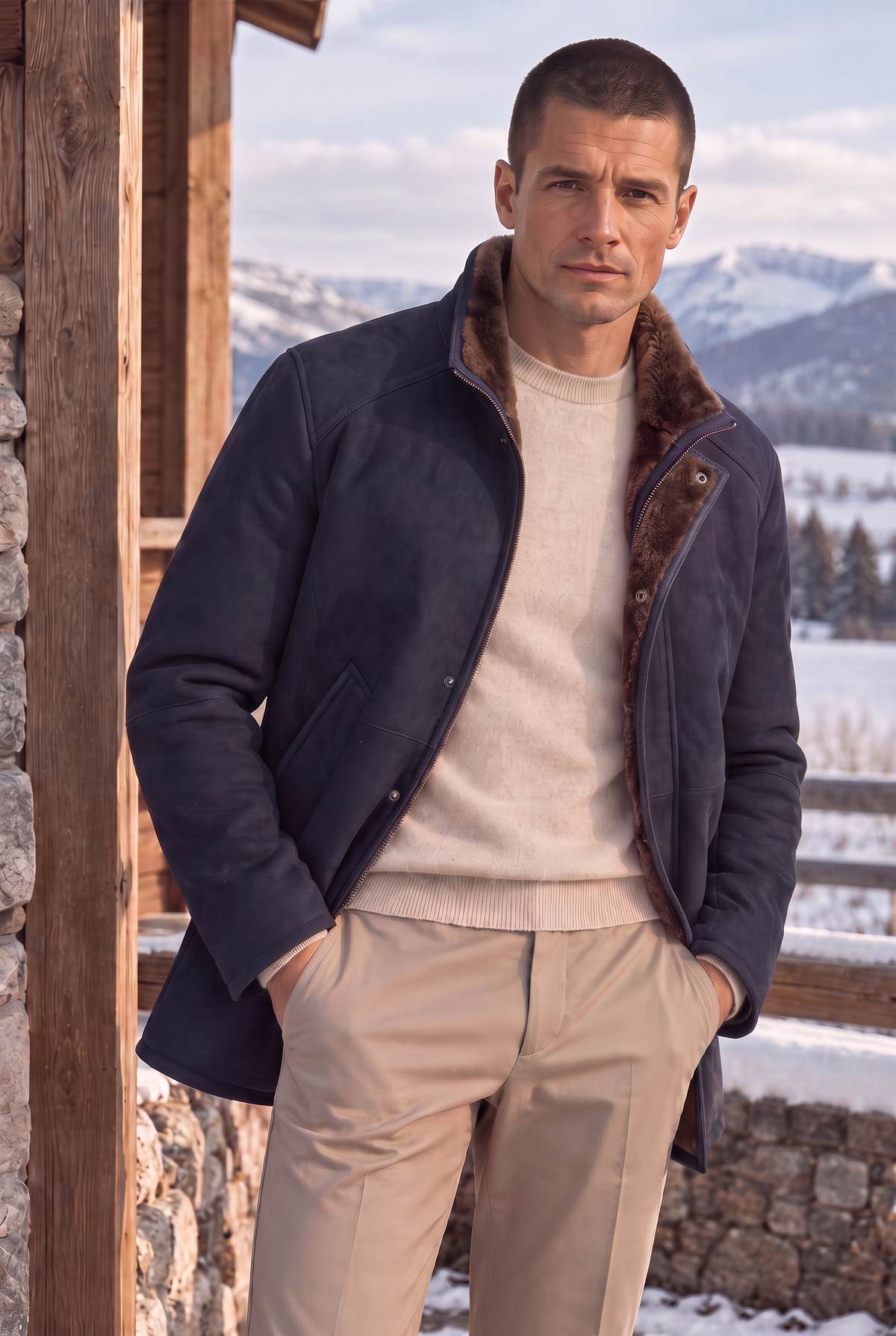 Montel Shearling Sheepskin Coat - Navy Blue