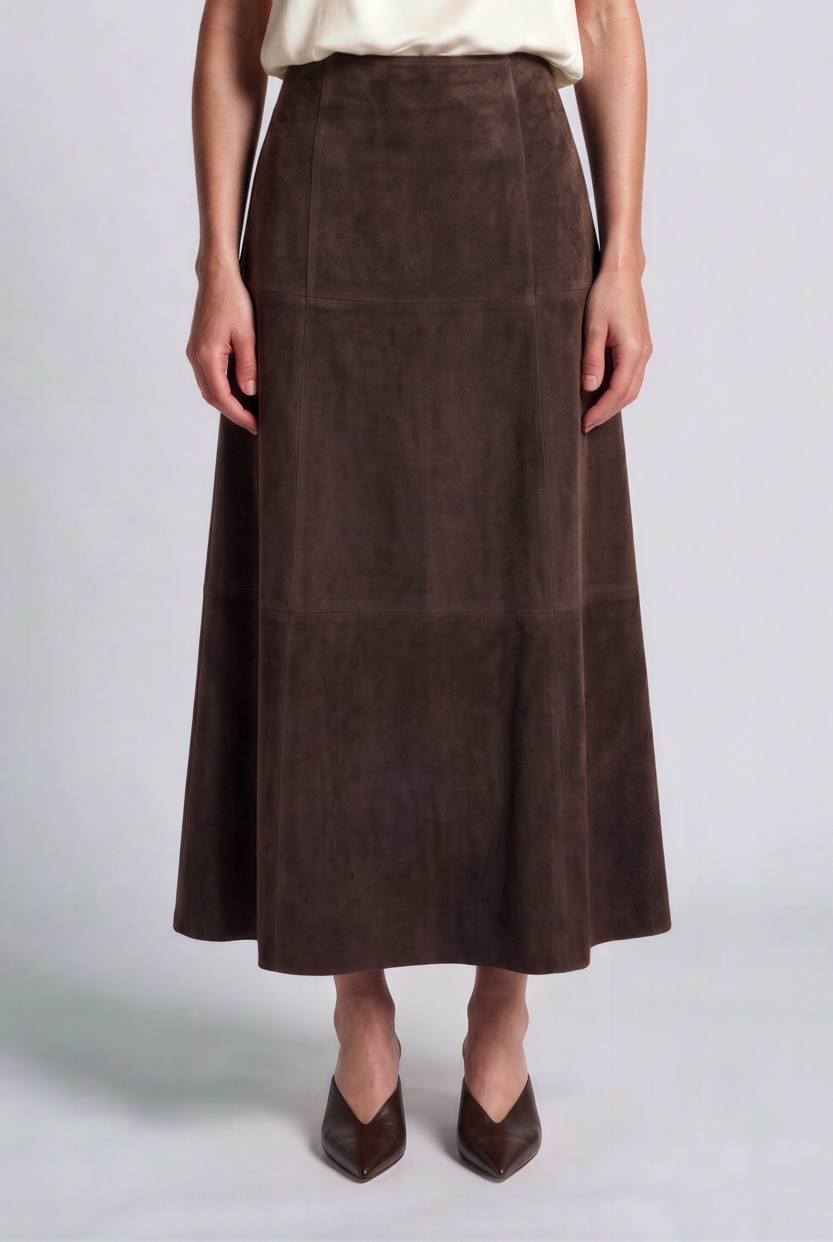 Talia Women’s Suede Leather Midi Skirt - Coffee