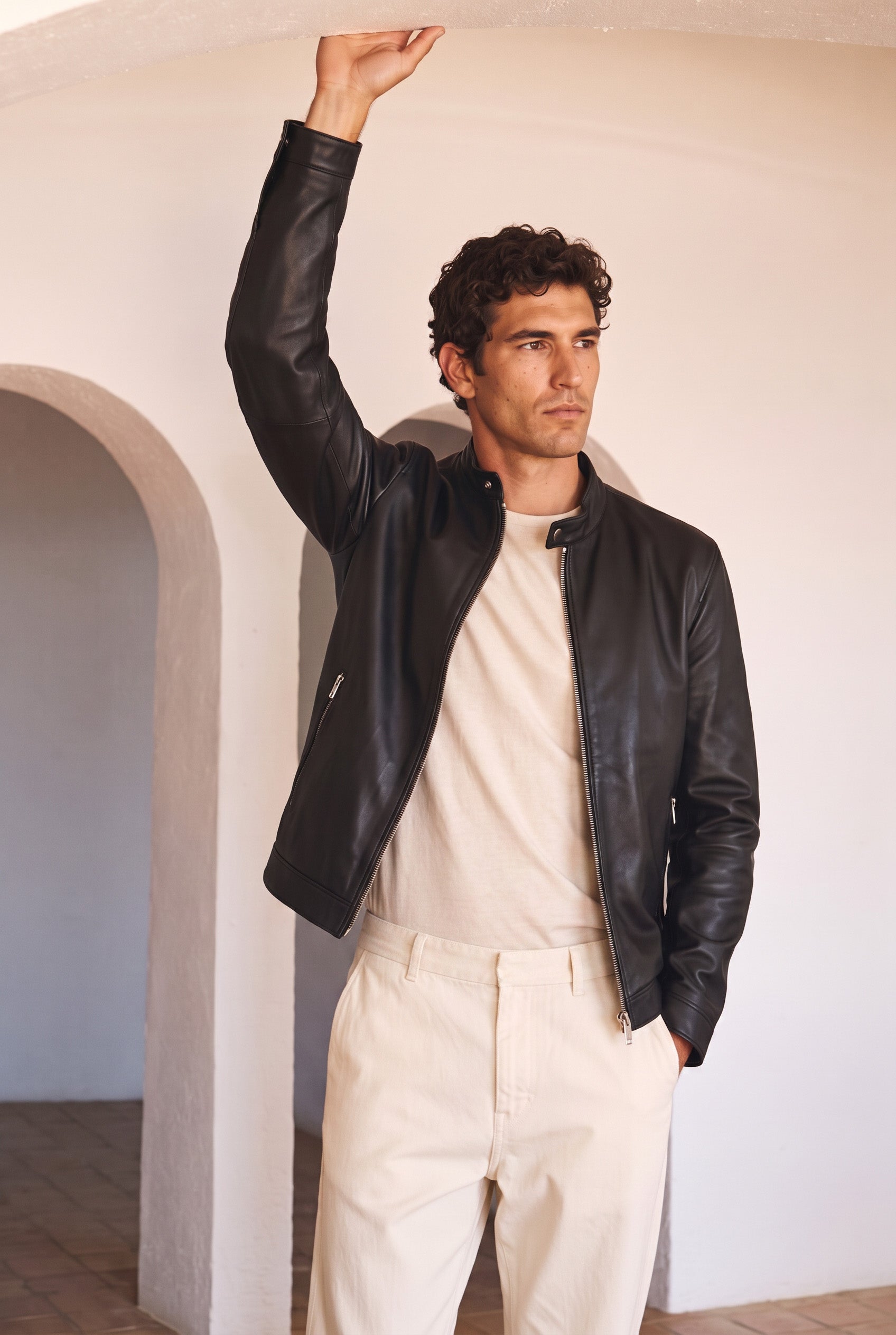Enzo Men's Leather Racer Jacket - Black