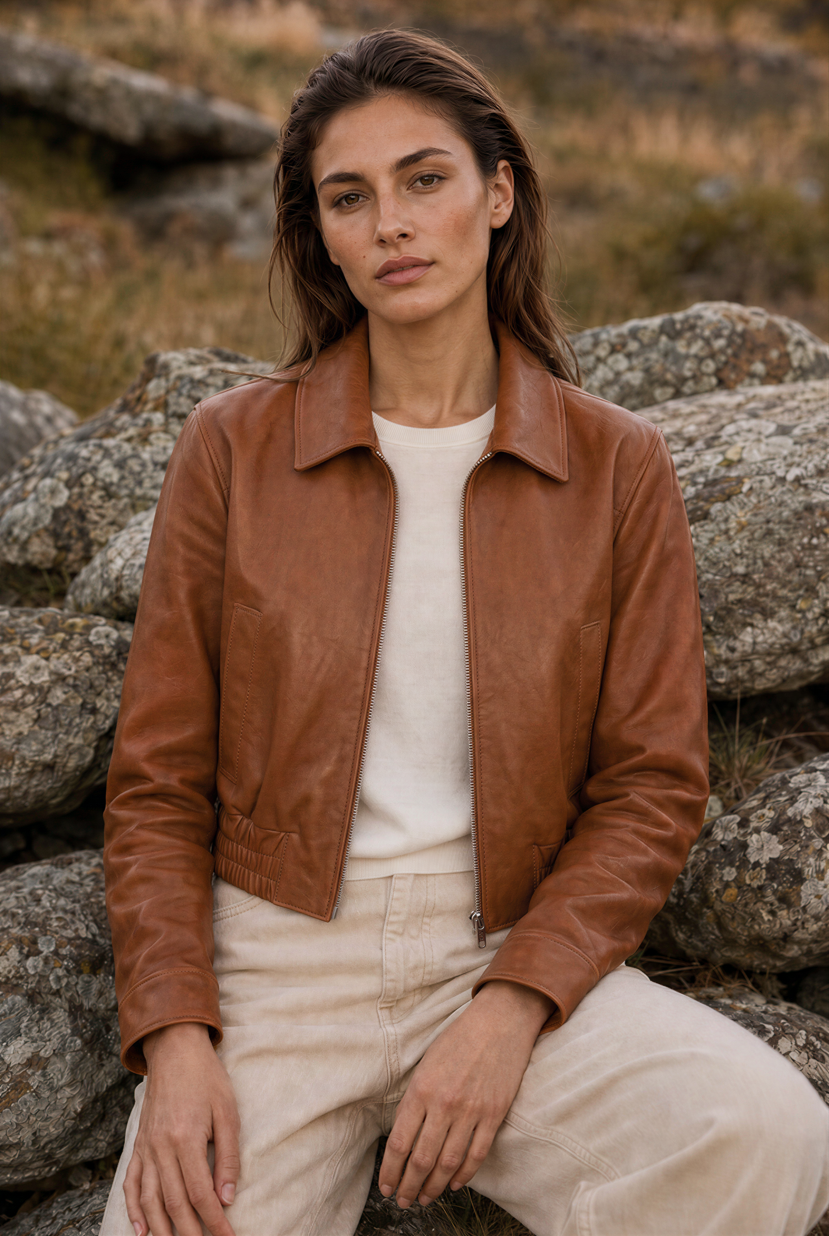 Verona Women’s Cropped Leather Jacket - Cognac