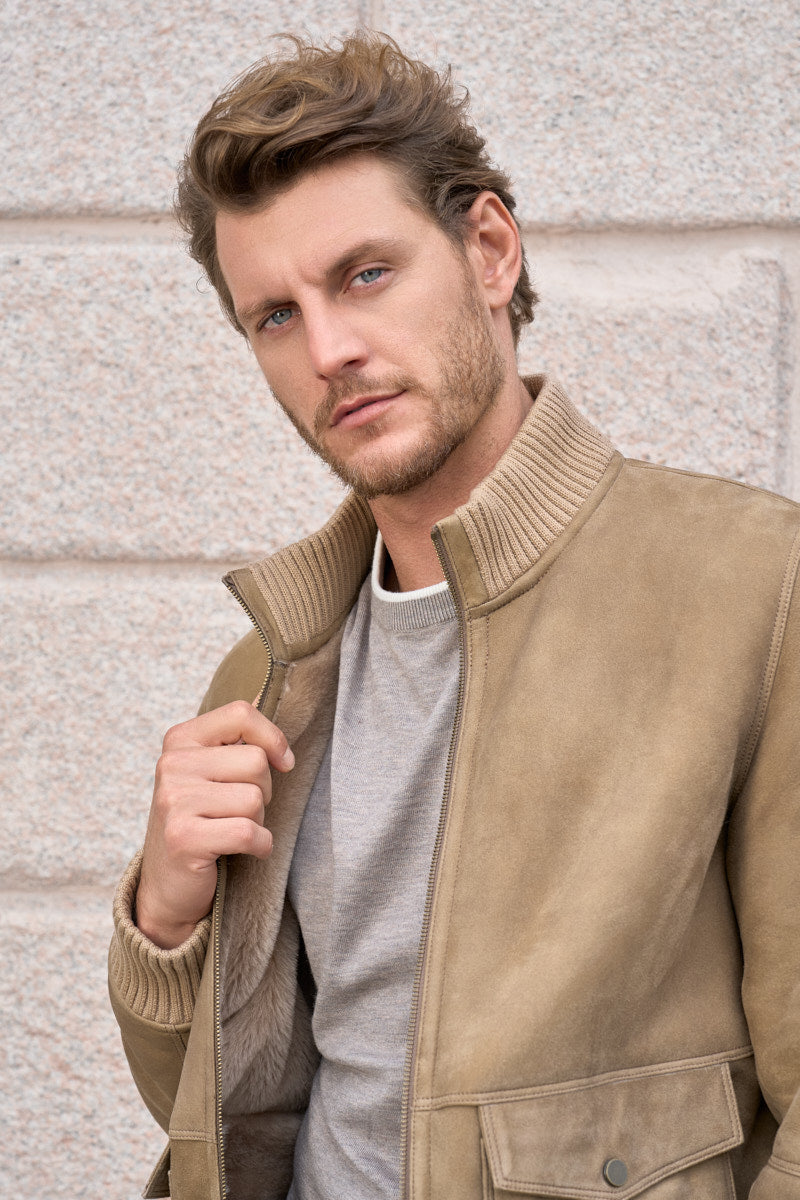 Theory CITY BOMBER リネン ジャケット S ベージュ Rick Men's Shearling Bomber Jacket - Cappuccino/Beige