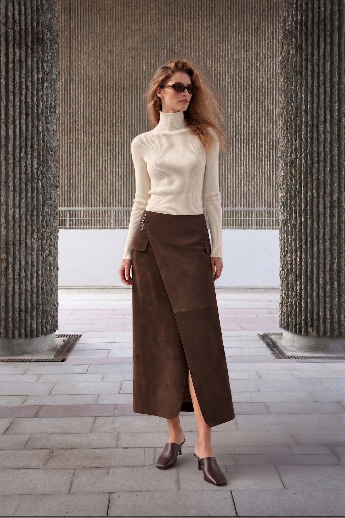 Mira Women’s Suede Long Skirt - Milk Brown