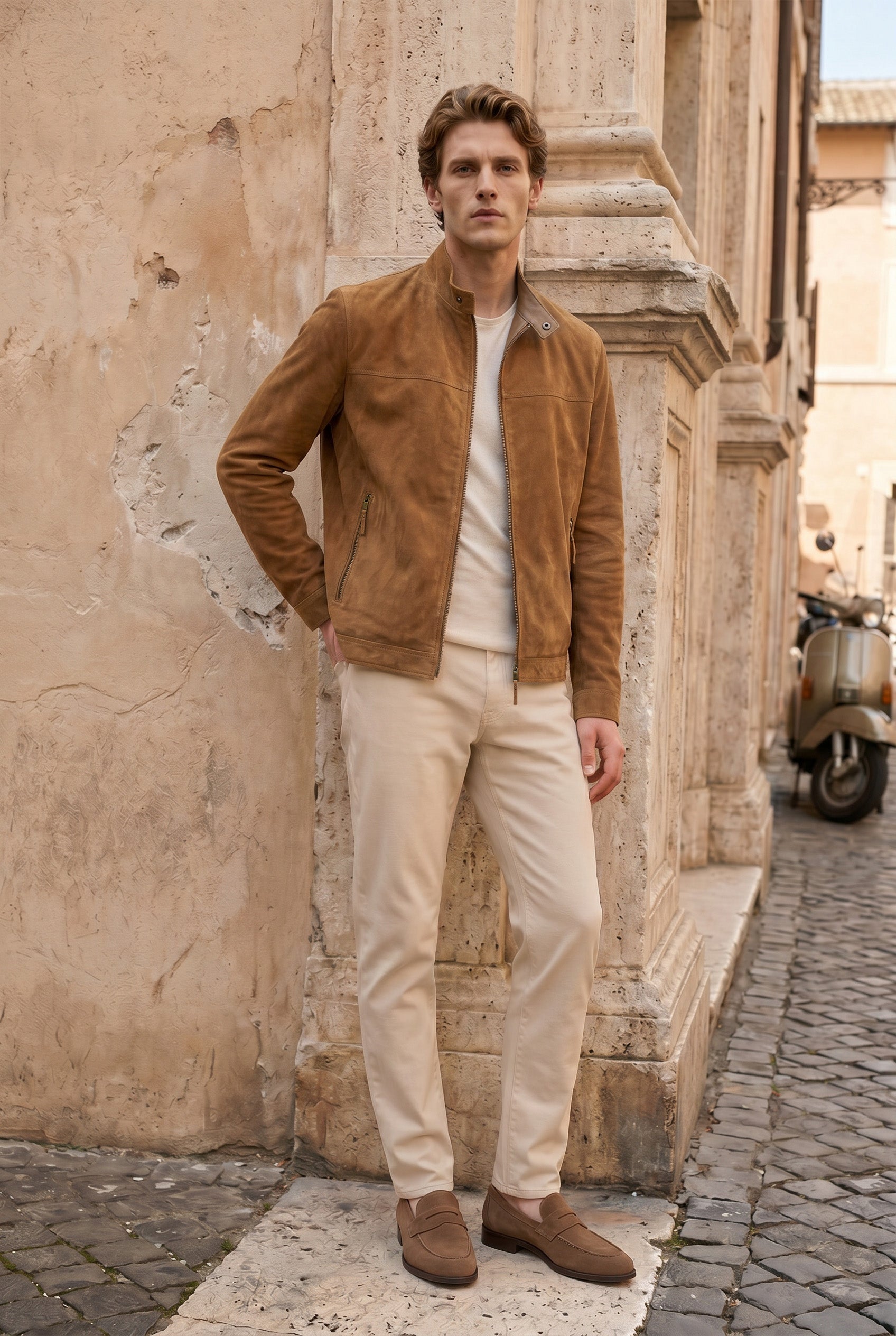 Silvo Men’s Suede Racer Jacket  - Camel