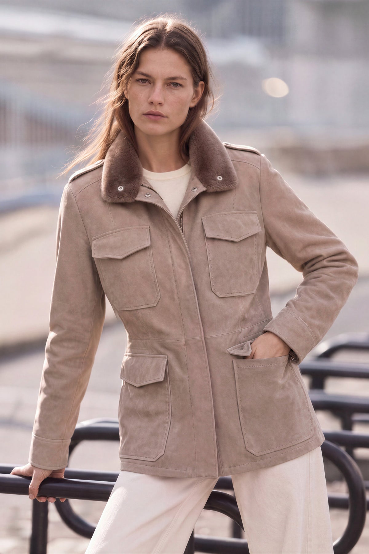 Lucilla Safari Jacket with Shearling Collar - Vison