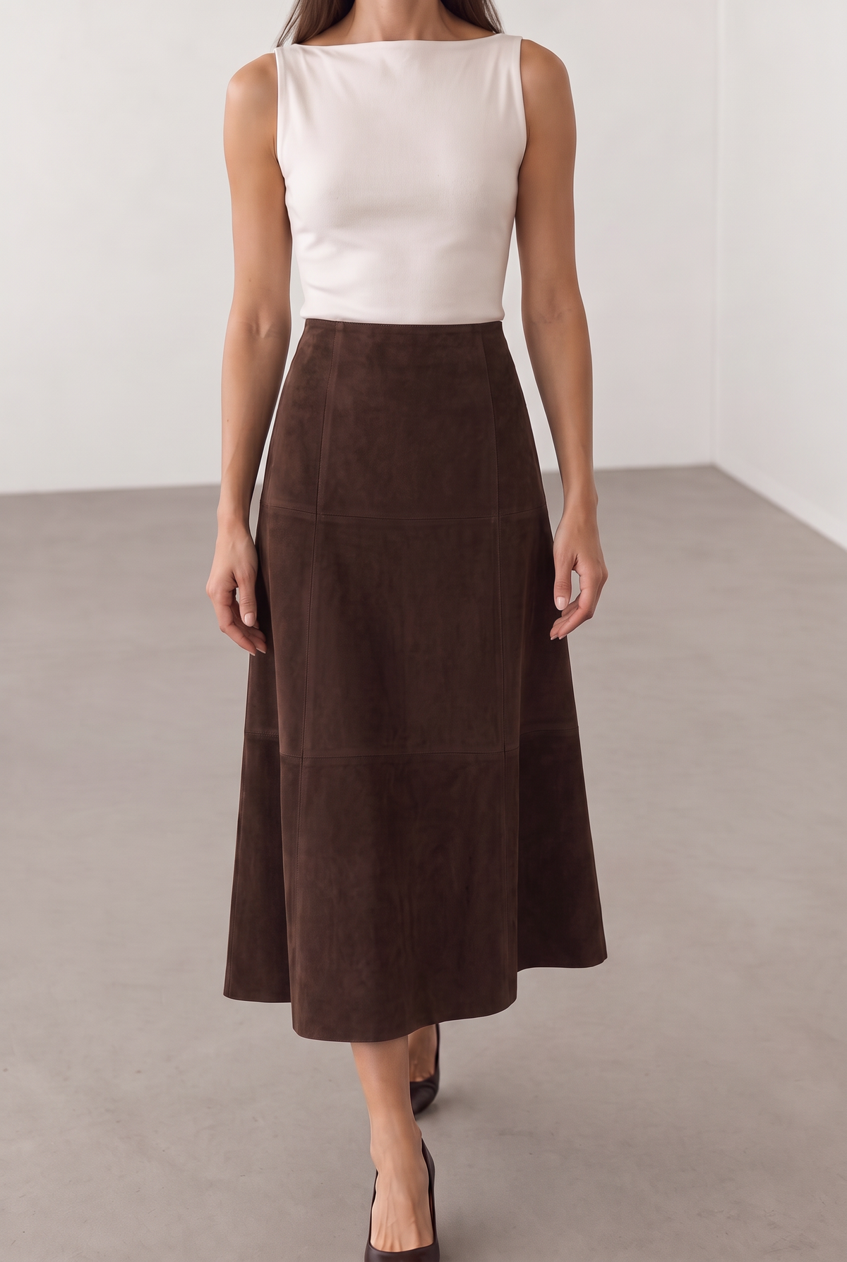 Talia Women’s Suede Leather Midi Skirt - Coffee