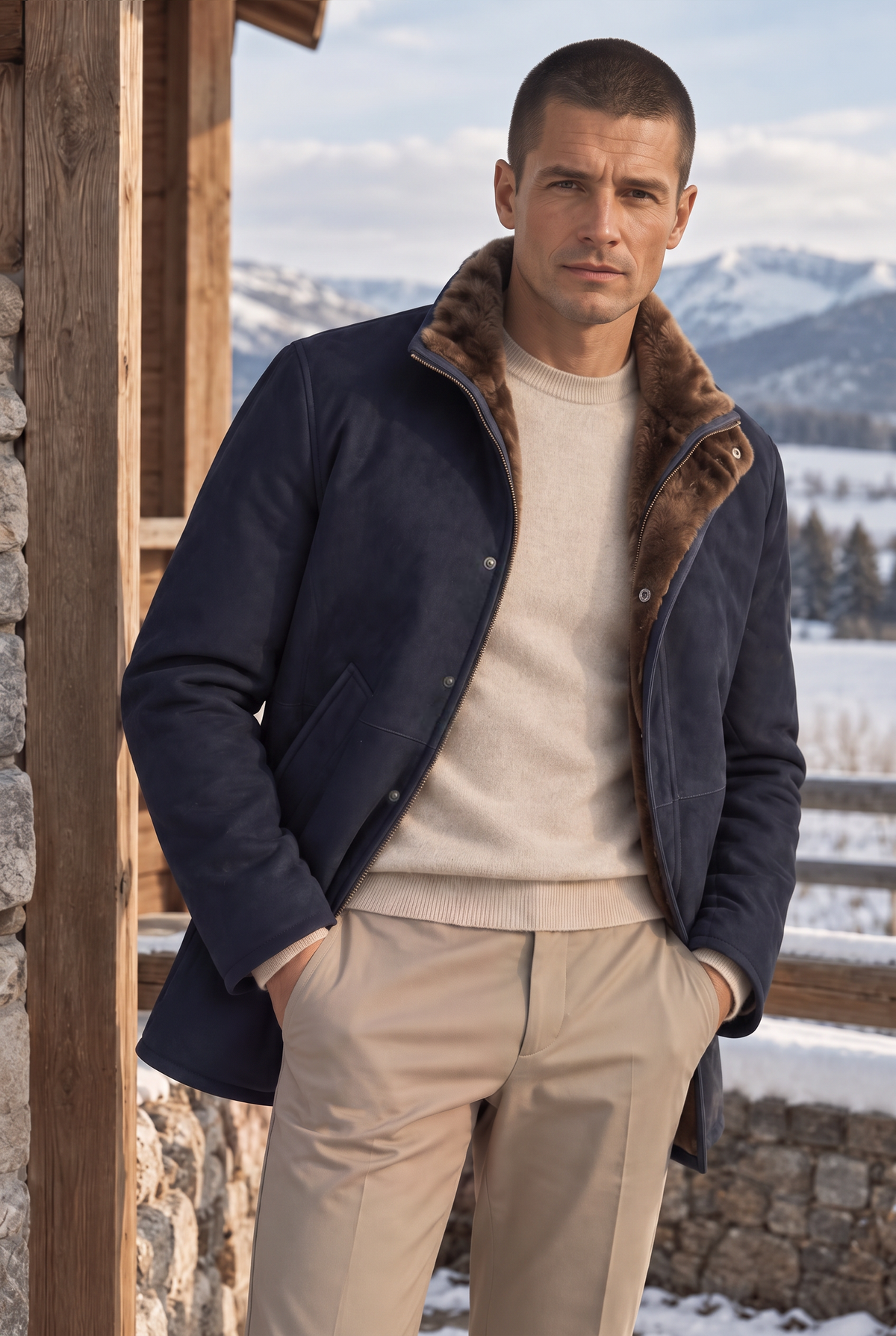 Montel Shearling-Lammfellmantel – Marineblau