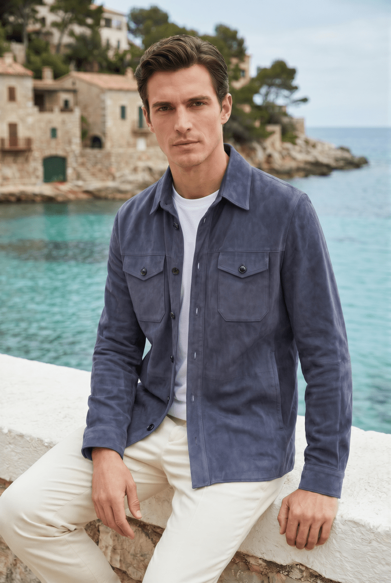 Adrien Men’s Suede Leather Overshirt - Midnight Blue - Bigardini